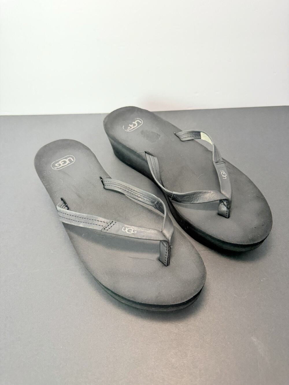 Ugg Ruby Sandals Thong 2" Wedge Flip Flop Nlack Leather Foam Women's 8